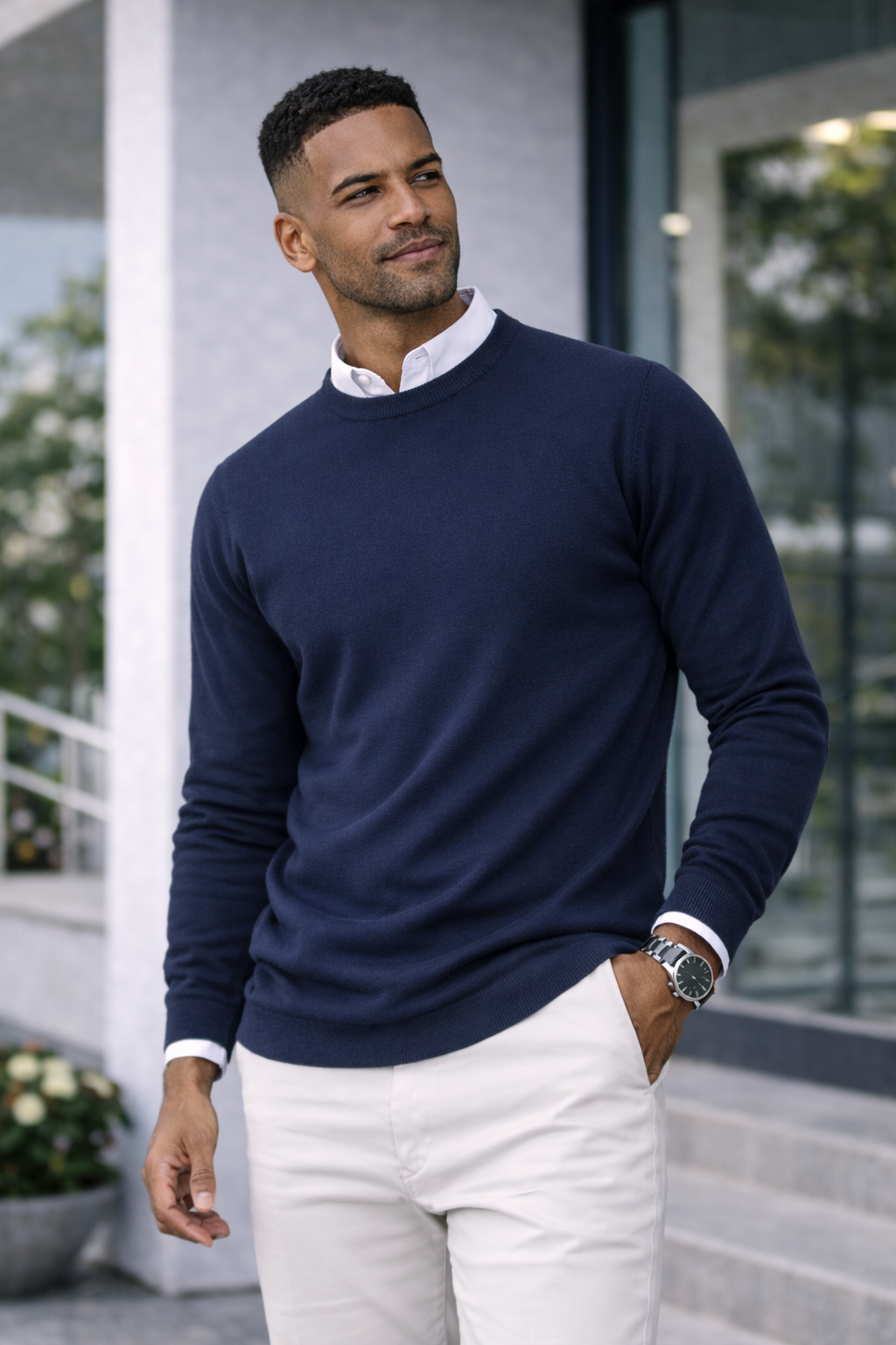 Suéter de cuello redondo de punto fino para hombre